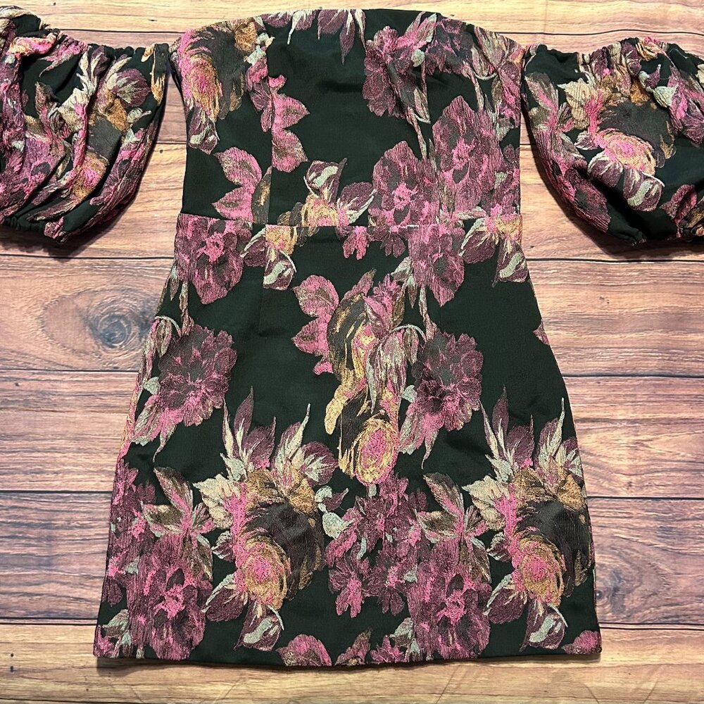 Lulus Off-the-Shoulder Floral Brocade Mini Dress - Black & Pink - Size S - Picture 5 of 16